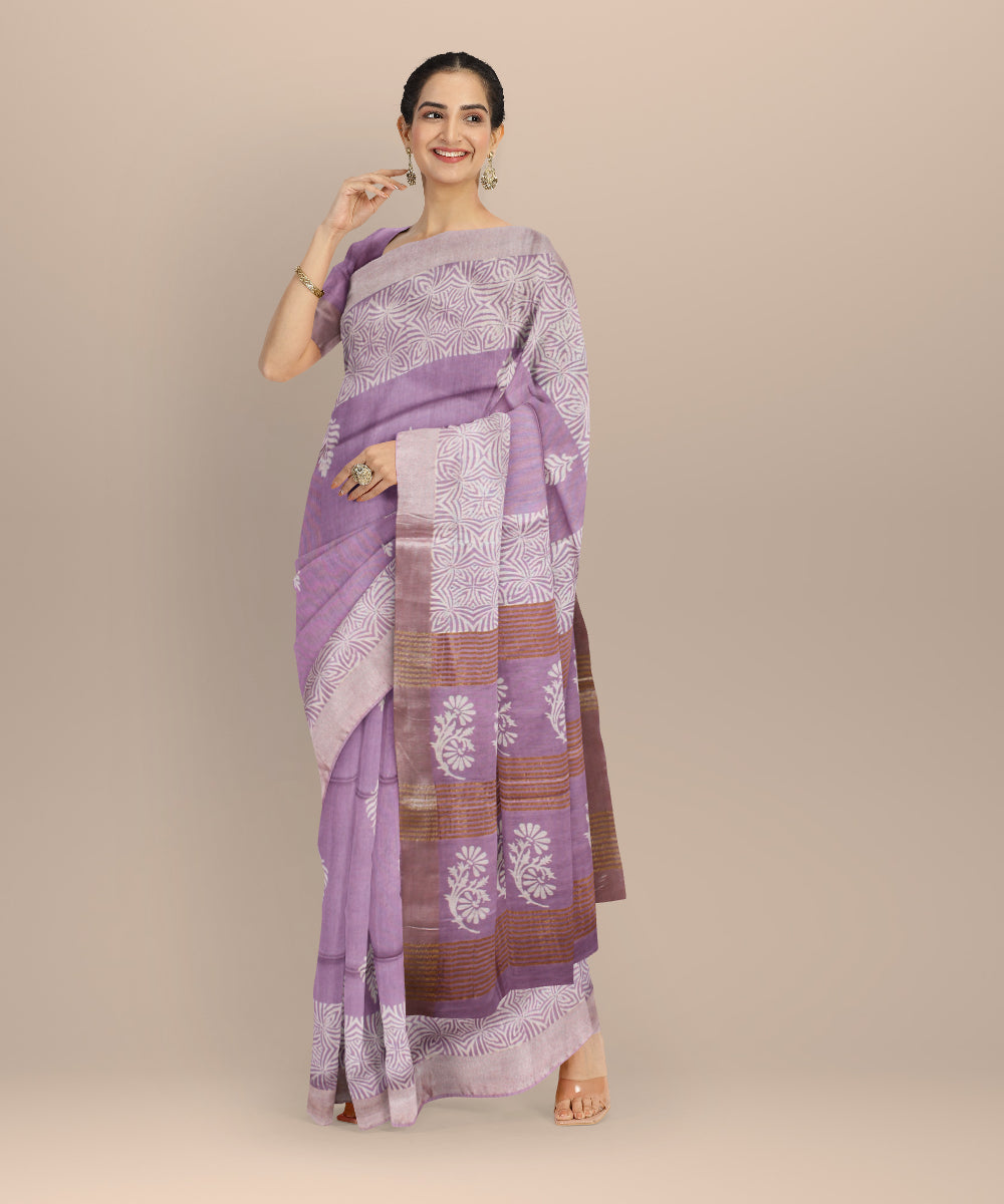 Purple white art silk hand printed saree