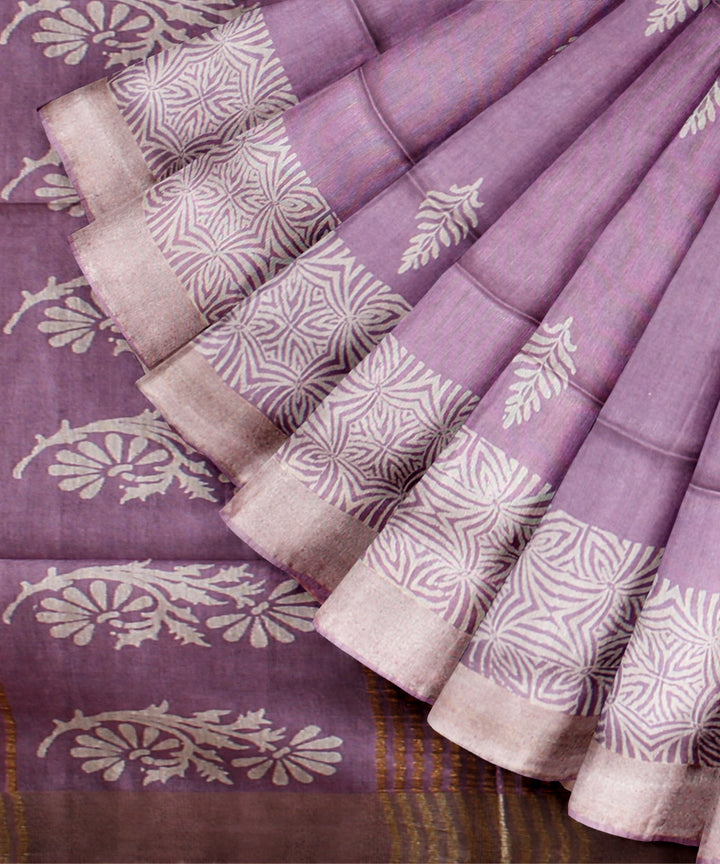 Purple white art silk hand printed saree