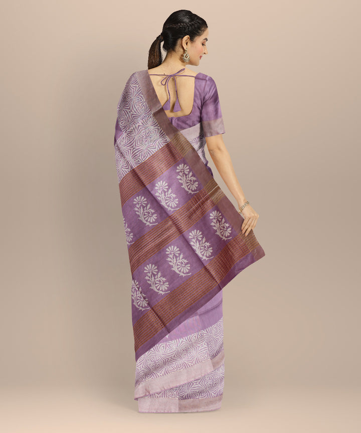 Purple white art silk hand printed saree