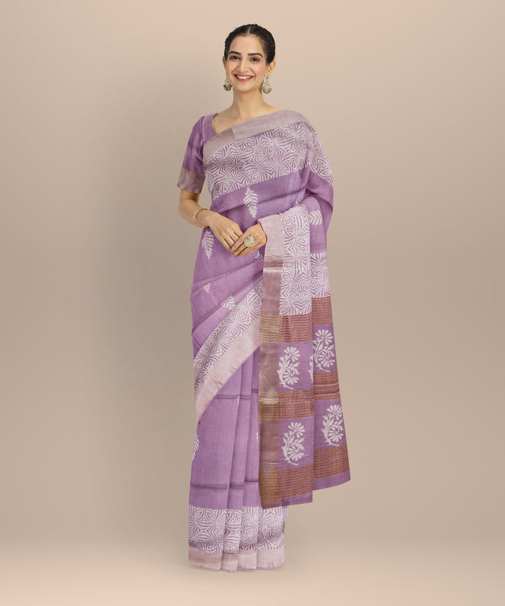 Purple white art silk hand printed saree