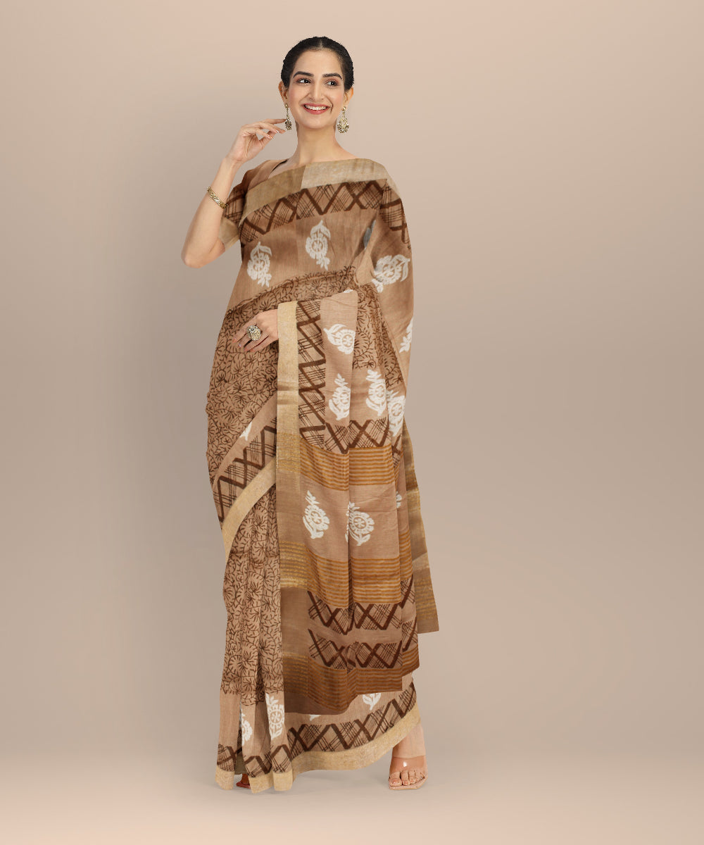 Brown multicolor art silk hand printed saree