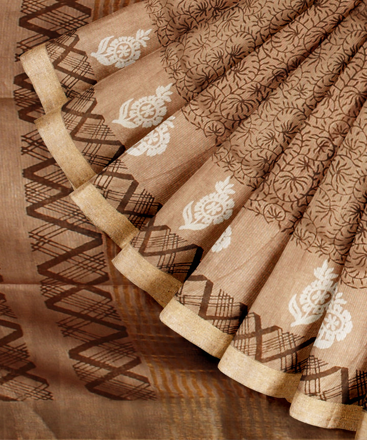 Brown multicolor art silk hand printed saree