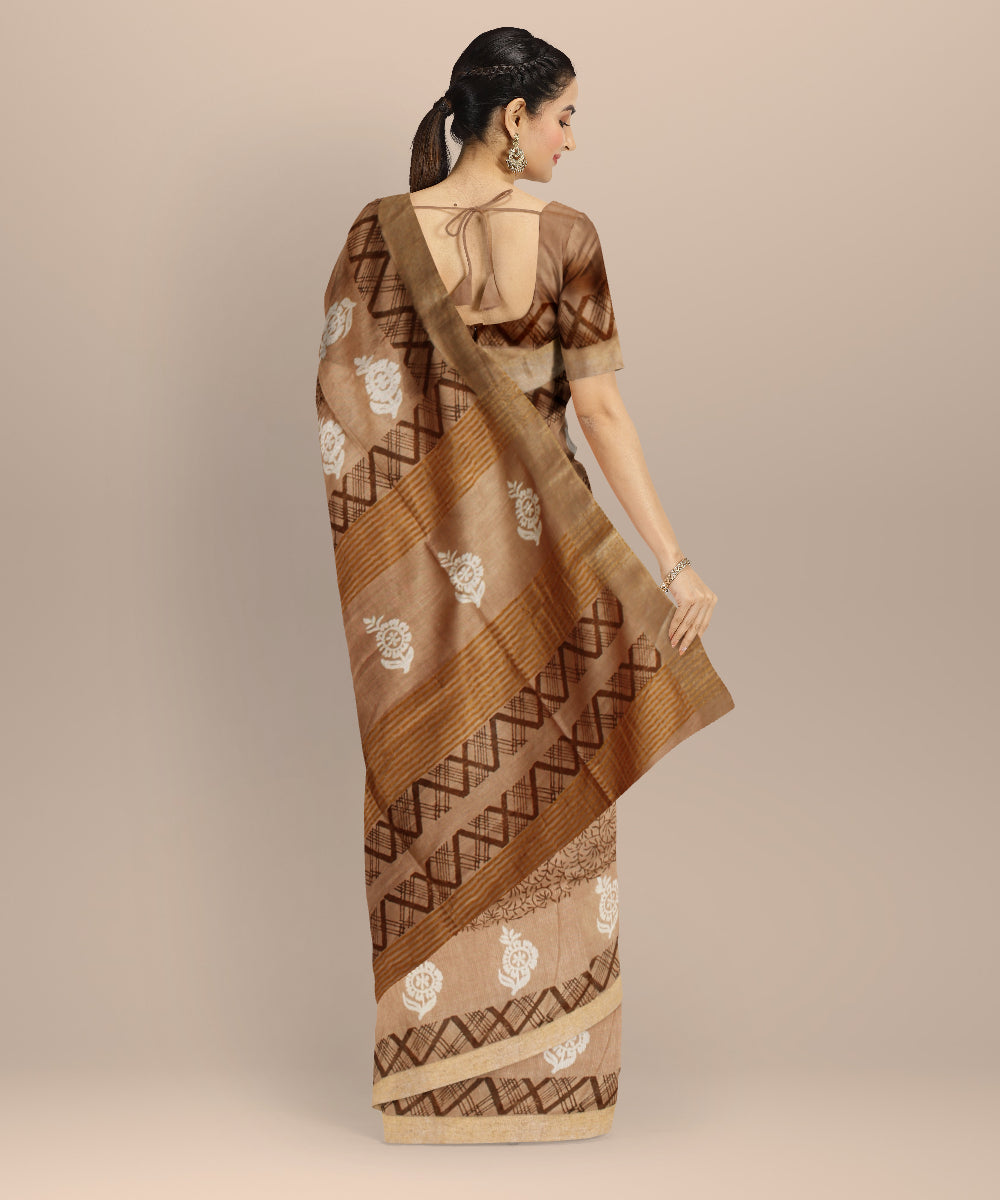 Brown multicolor art silk hand printed saree