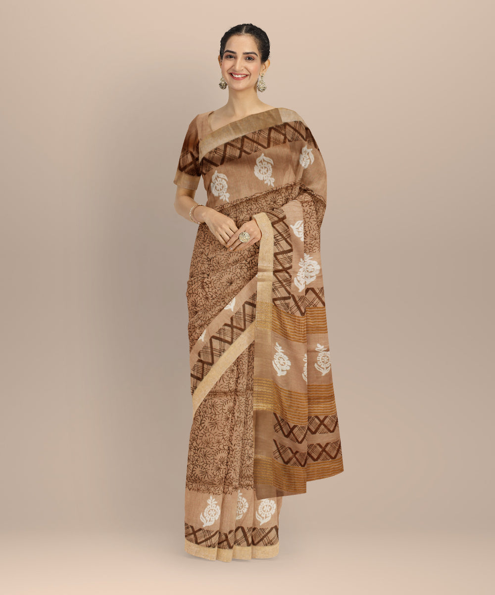 Brown multicolor art silk hand printed saree
