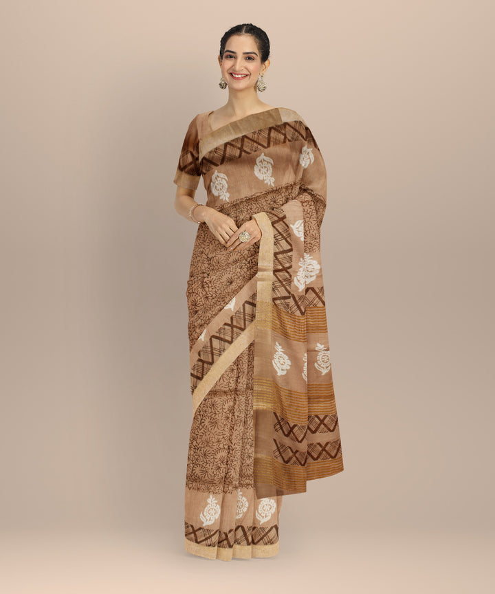 Brown multicolor art silk hand printed saree
