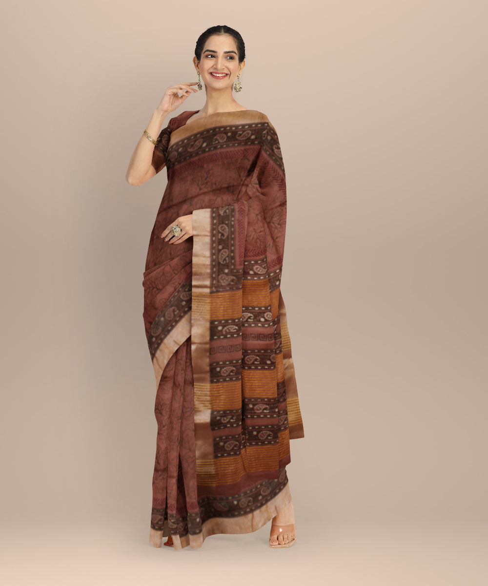 Maroon multicolor art silk hand printed saree