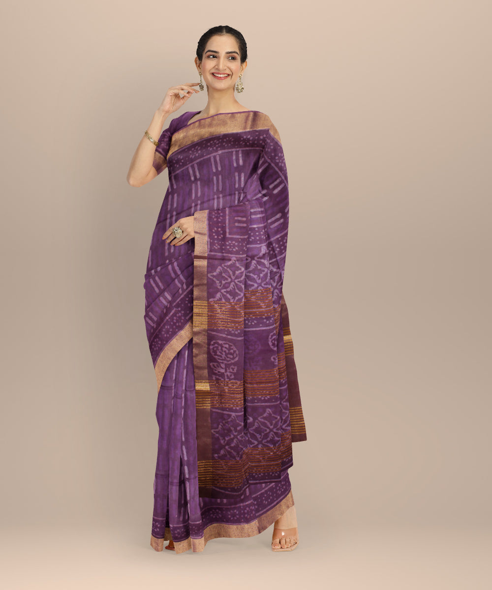 Purple multicolor art silk hand printed saree