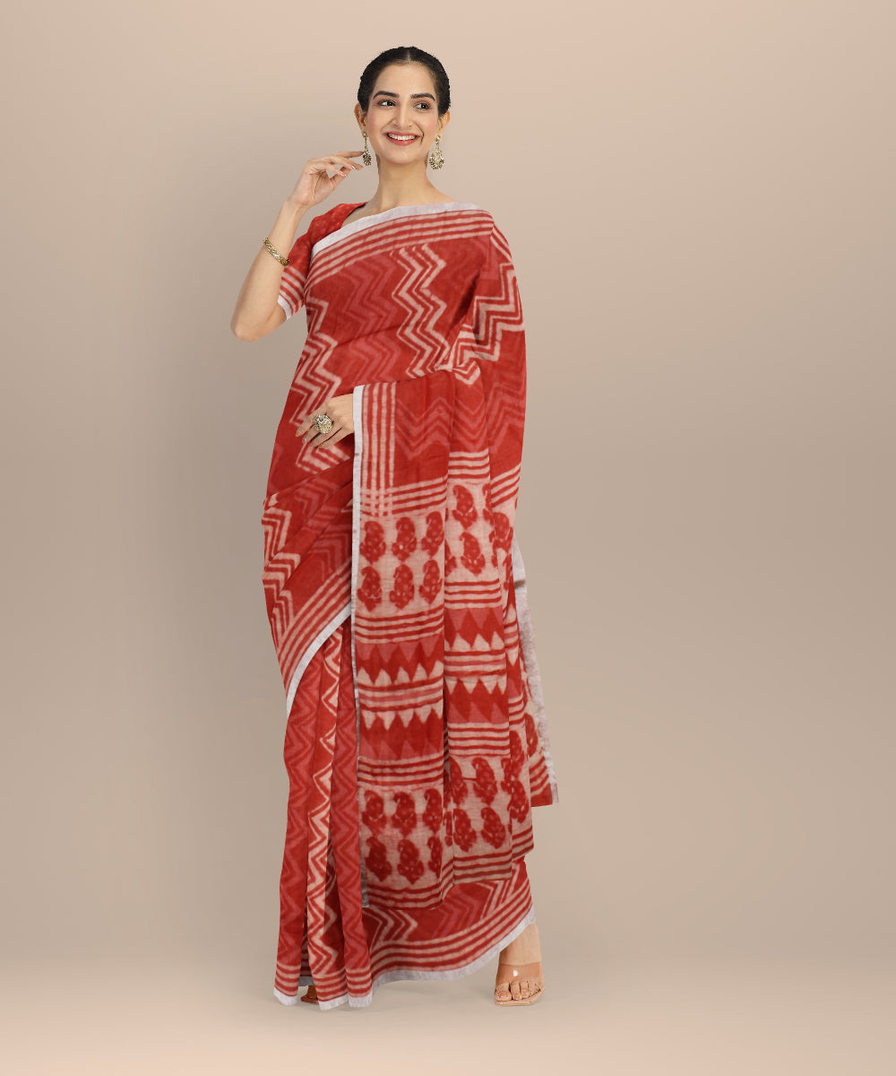 Peach white hand printed bhagalpur linen saree