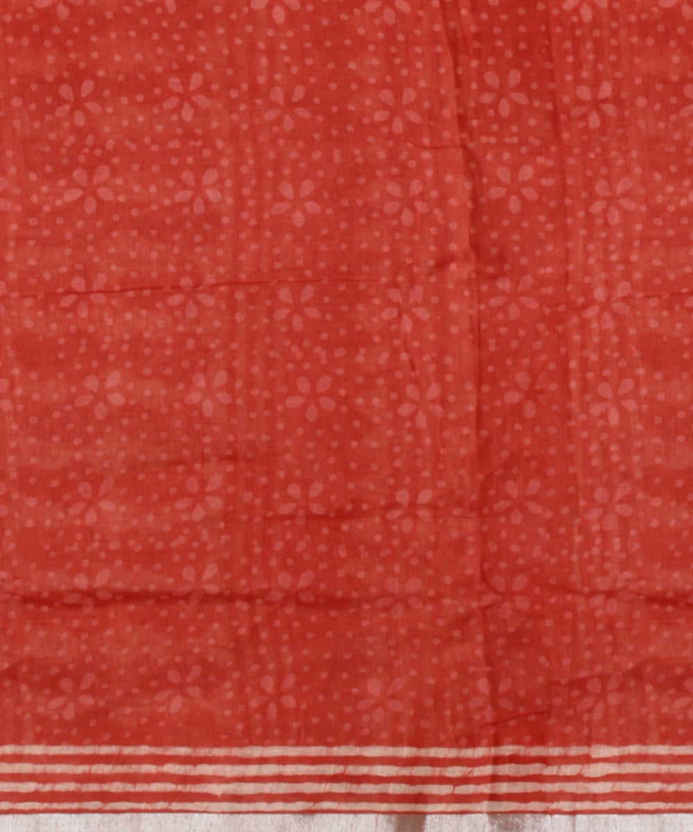 Peach white hand printed bhagalpur linen saree