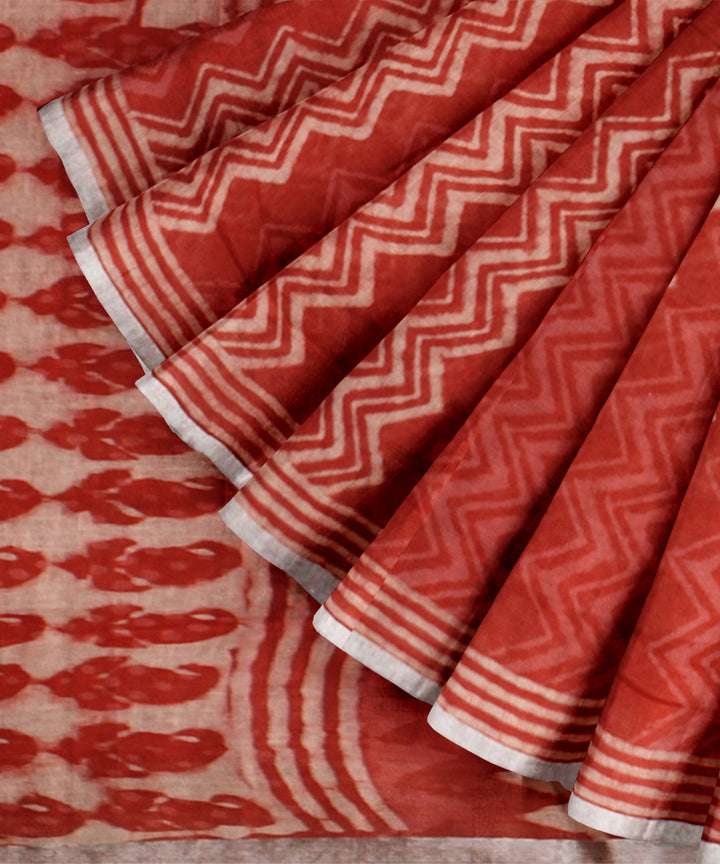 Peach white hand printed bhagalpur linen saree