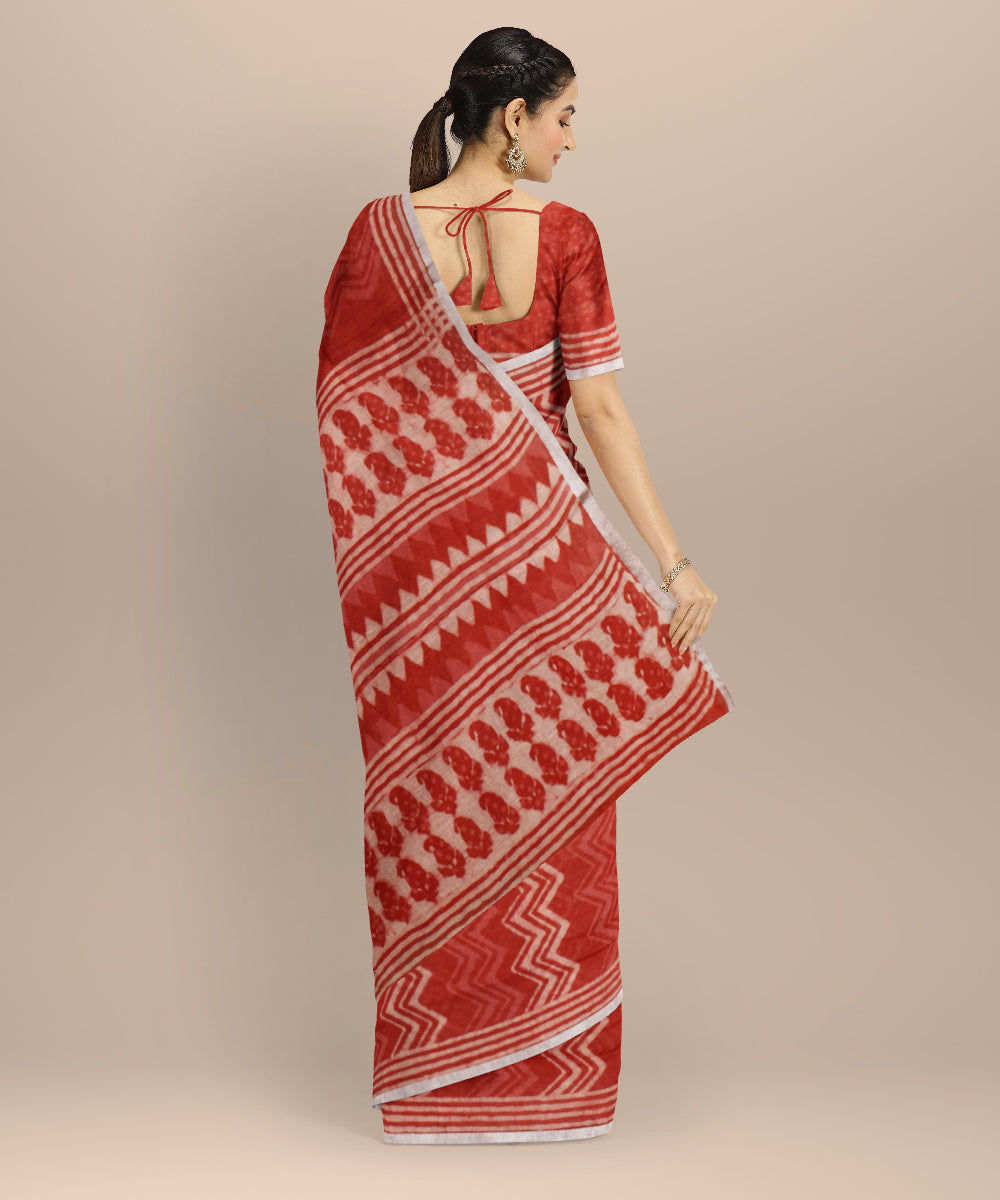 Peach white hand printed bhagalpur linen saree