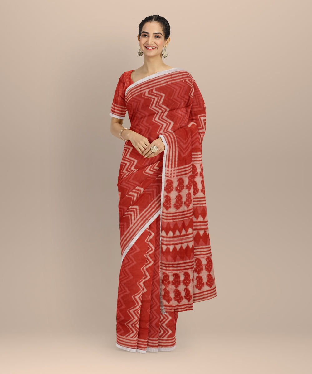 Peach white hand printed bhagalpur linen saree