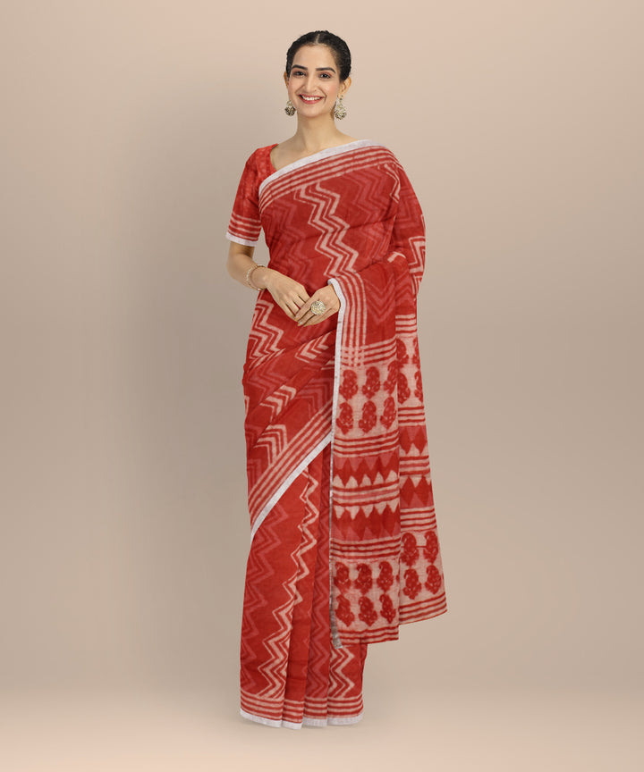 Peach white hand printed bhagalpur linen saree