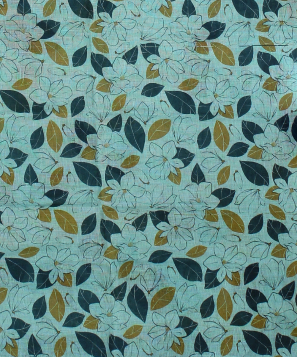Sky blue multicolor linen hand printed saree