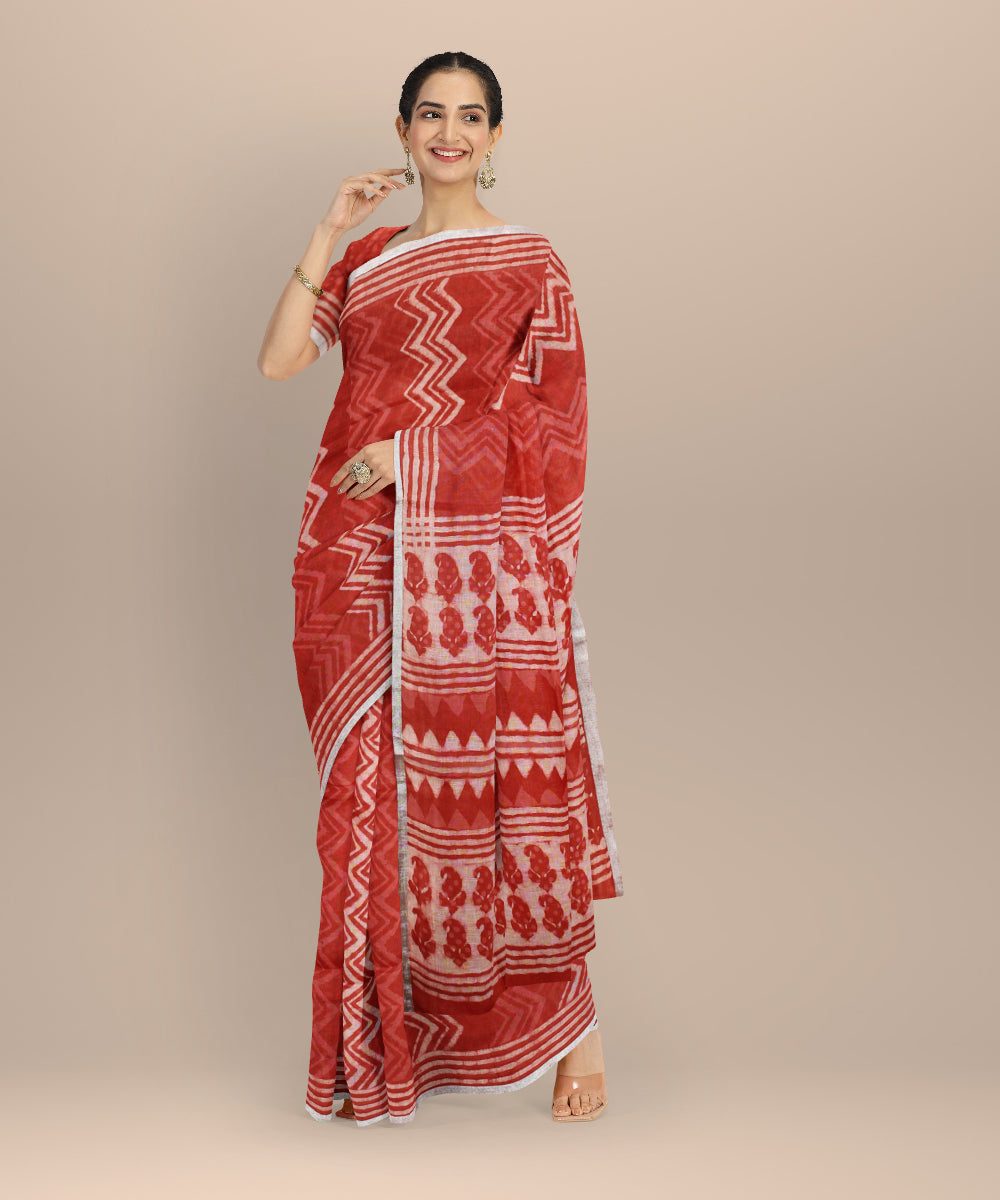 Peach white linen hand printed bhagalpur saree