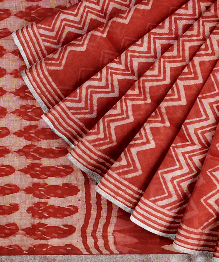 Peach white linen hand printed bhagalpur saree