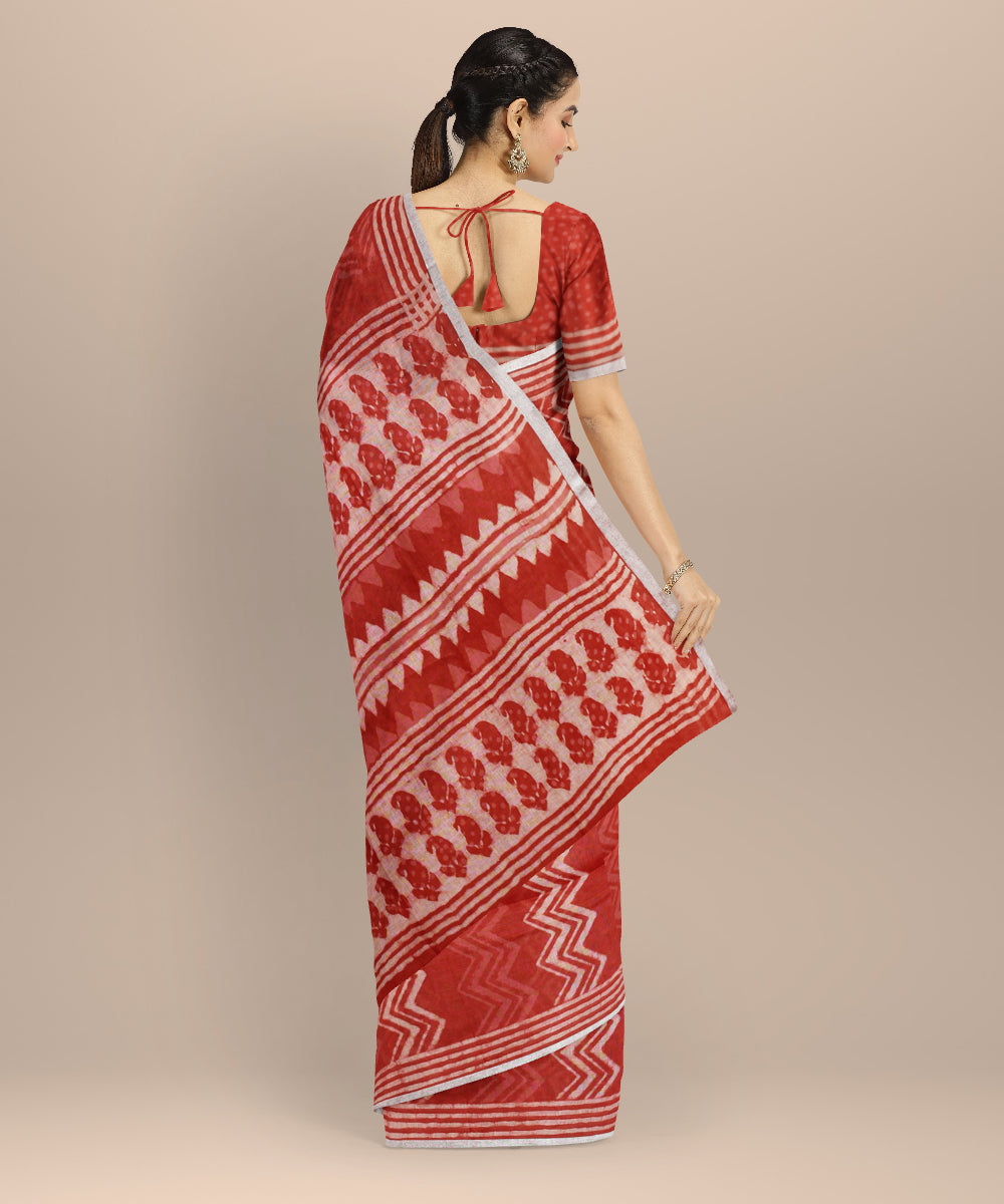 Peach white linen hand printed bhagalpur saree