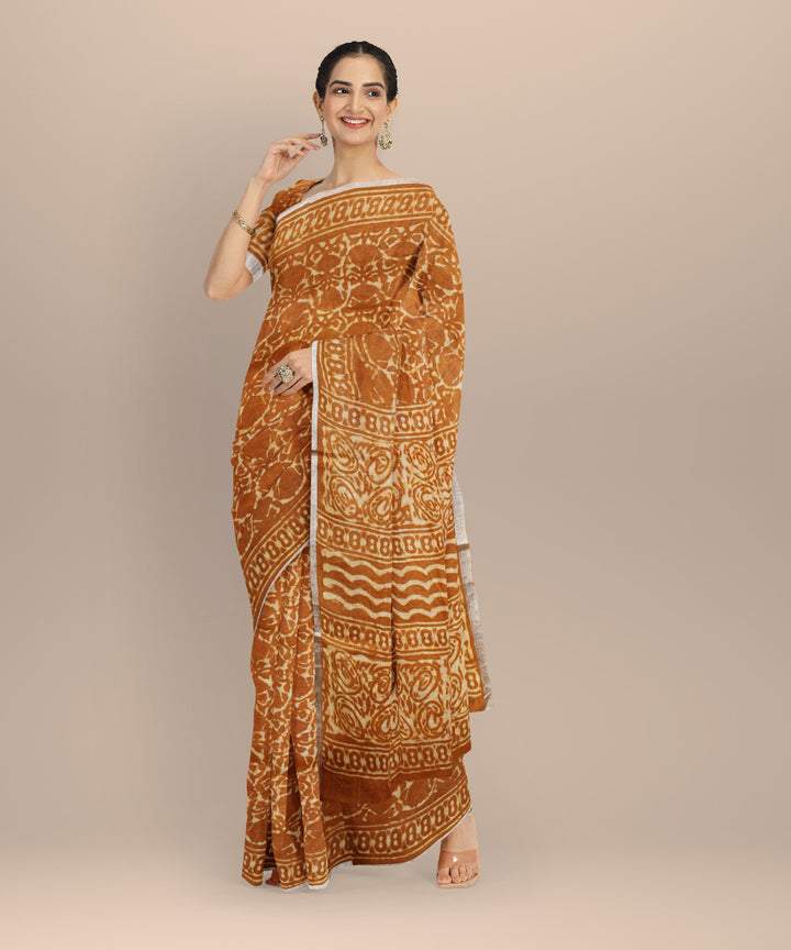 Brown cream linen hand printed bhagalpur saree