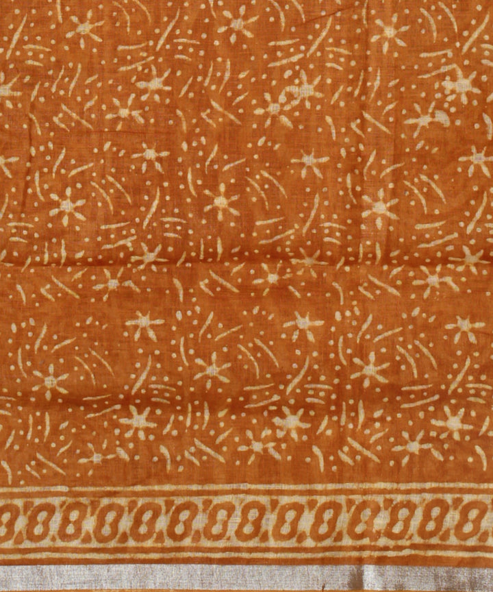 Brown cream linen hand printed bhagalpur saree