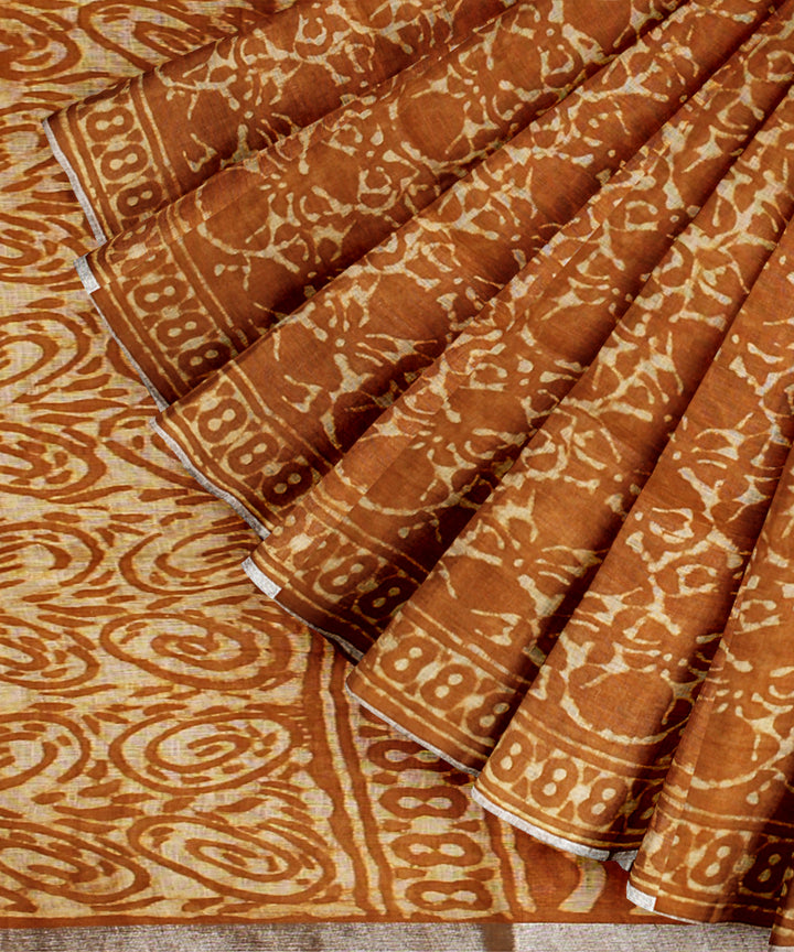Brown cream linen hand printed bhagalpur saree