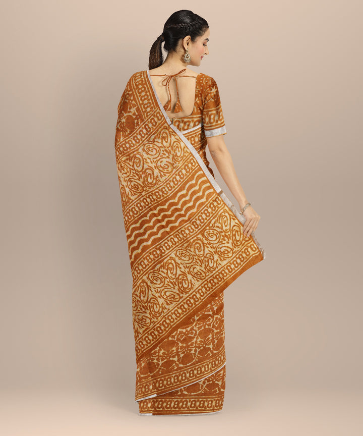 Brown cream linen hand printed bhagalpur saree