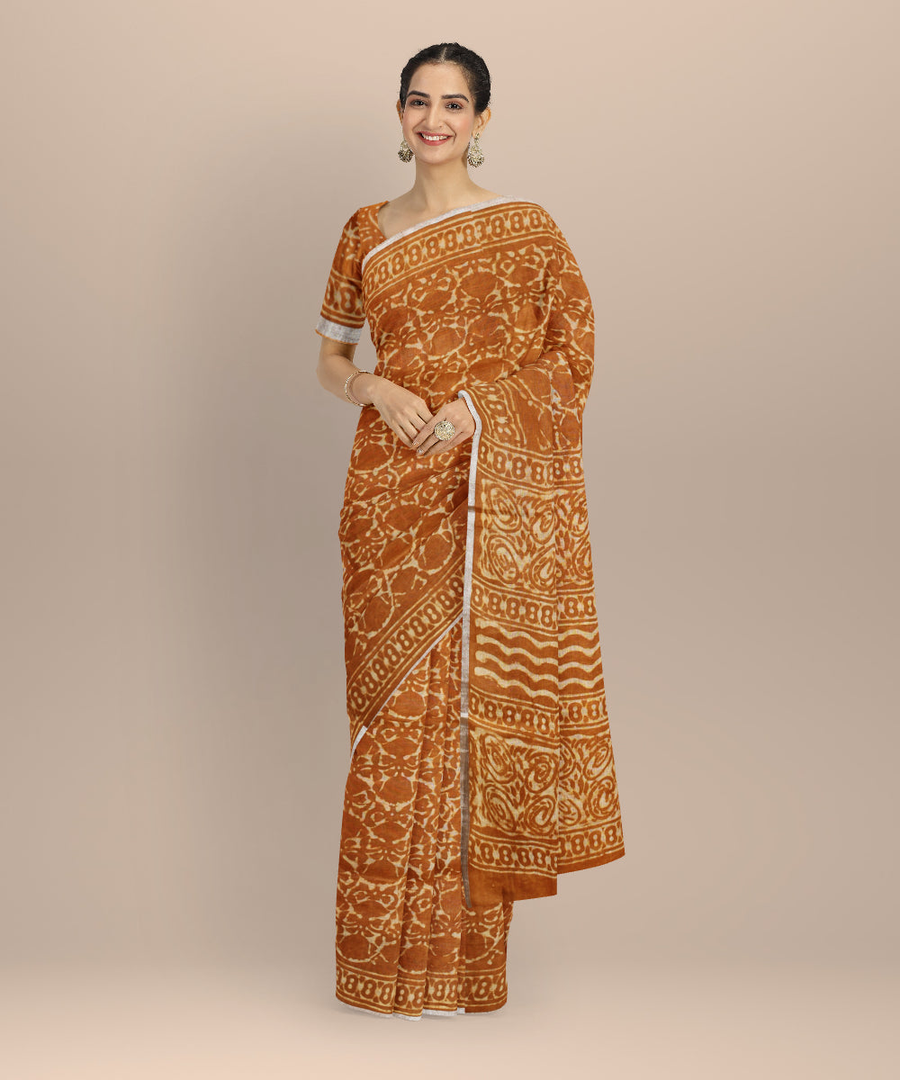 Brown cream linen hand printed bhagalpur saree