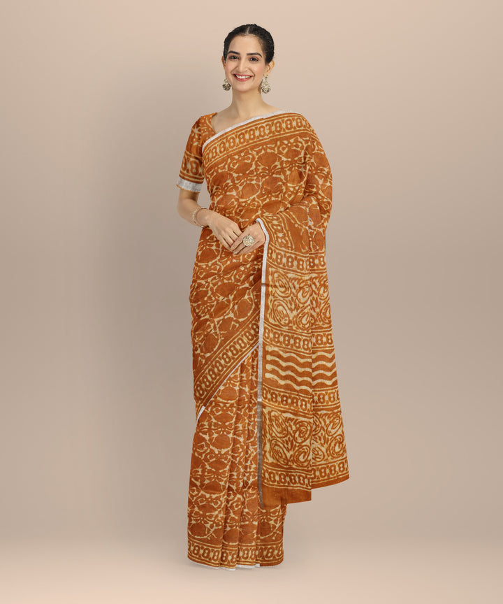 Brown cream linen hand printed bhagalpur saree