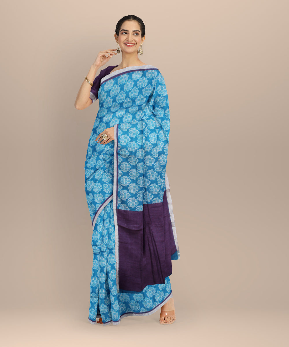 Sky blue voilet linen hand printed bhagalpur saree