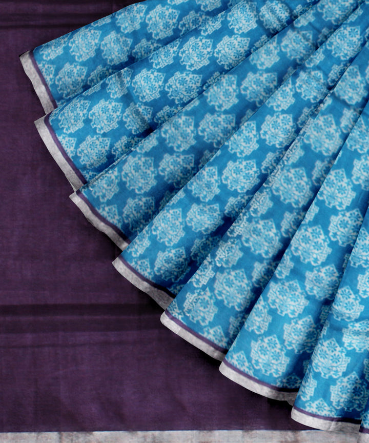 Sky blue voilet linen hand printed bhagalpur saree
