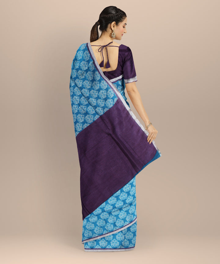 Sky blue voilet linen hand printed bhagalpur saree