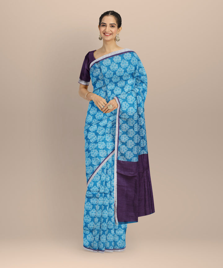 Sky blue voilet linen hand printed bhagalpur saree