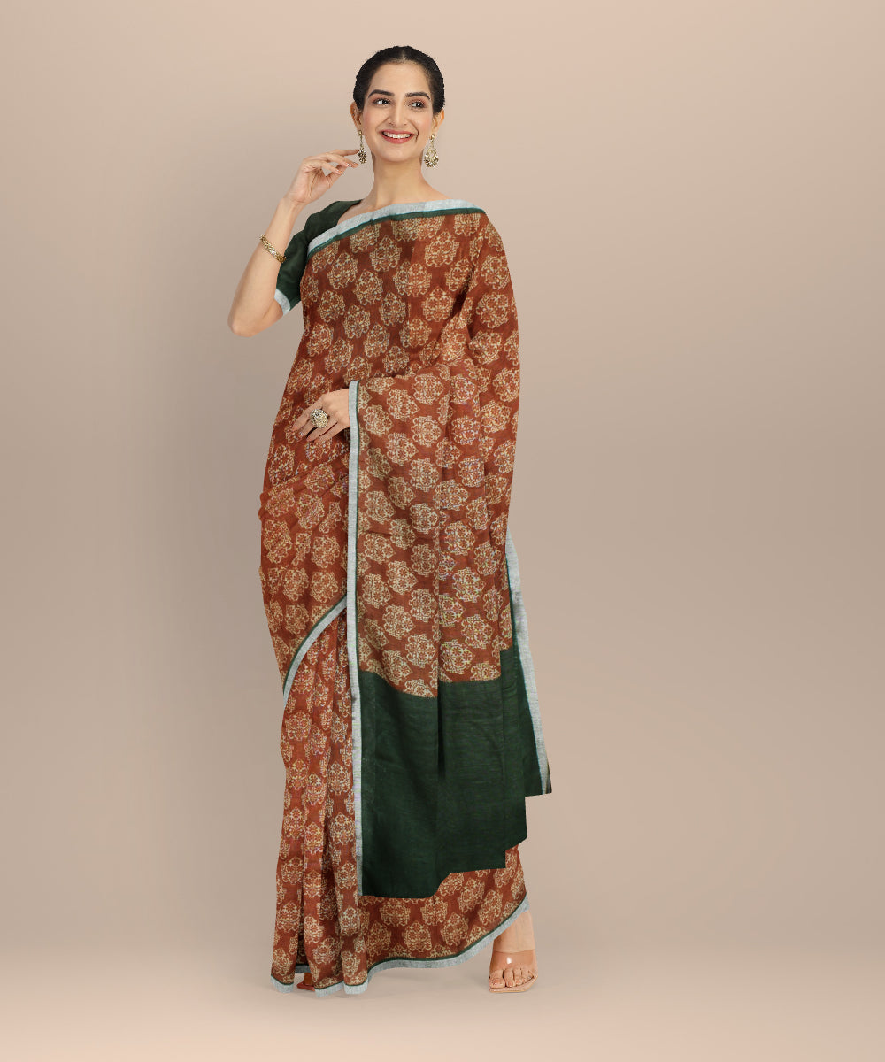 Brown dark green linen hand printed  saree
