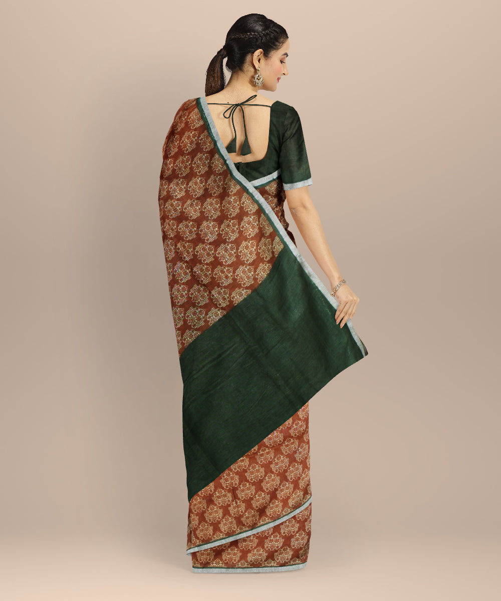 Brown dark green linen hand printed  saree