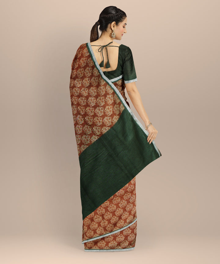 Brown dark green linen hand printed  saree