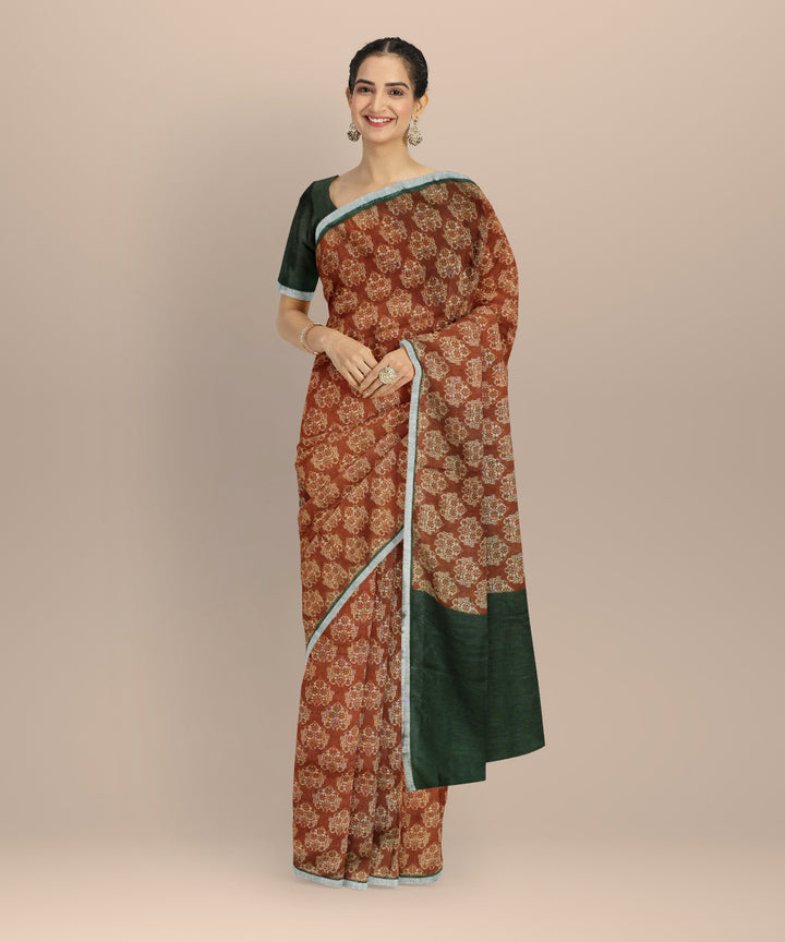 Brown dark green linen hand printed  saree