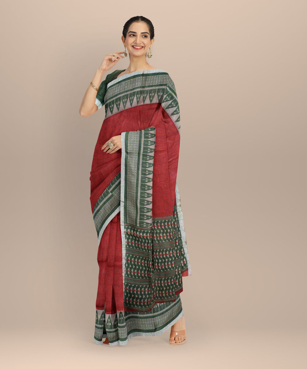 Red multicolor linen hand printed  saree