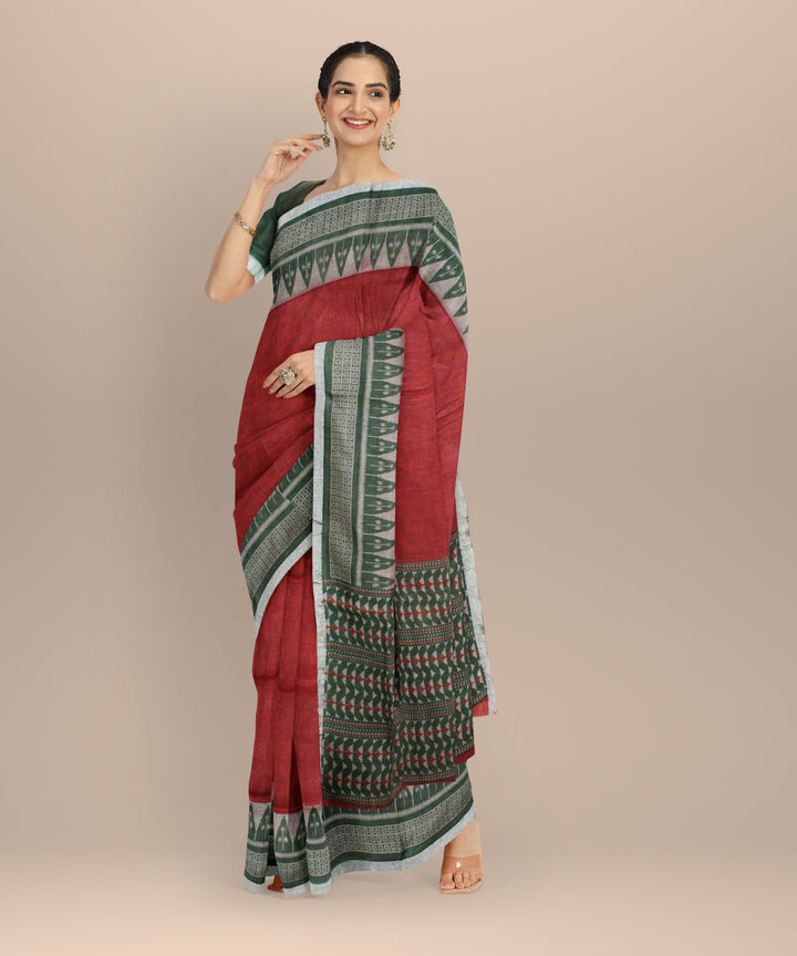 Red multicolor linen hand printed  saree