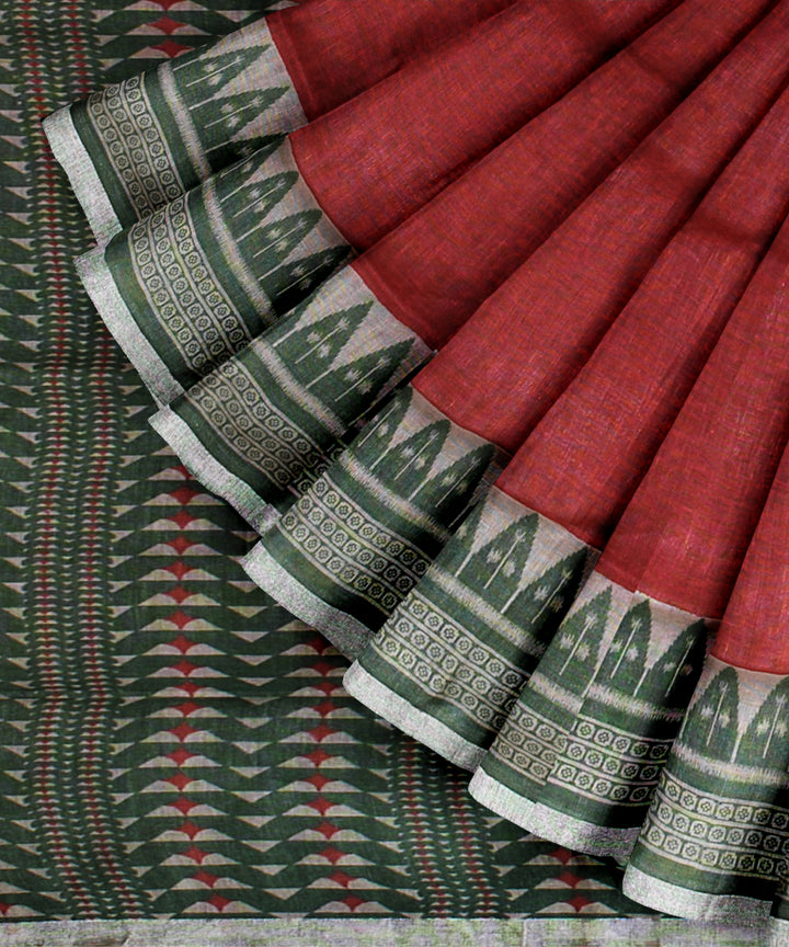 Red multicolor linen hand printed  saree