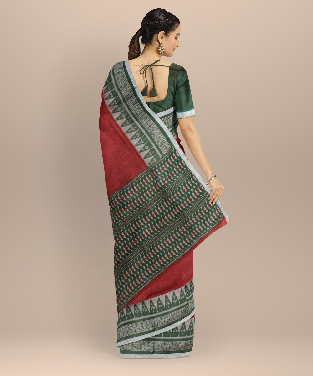 Red multicolor linen hand printed  saree