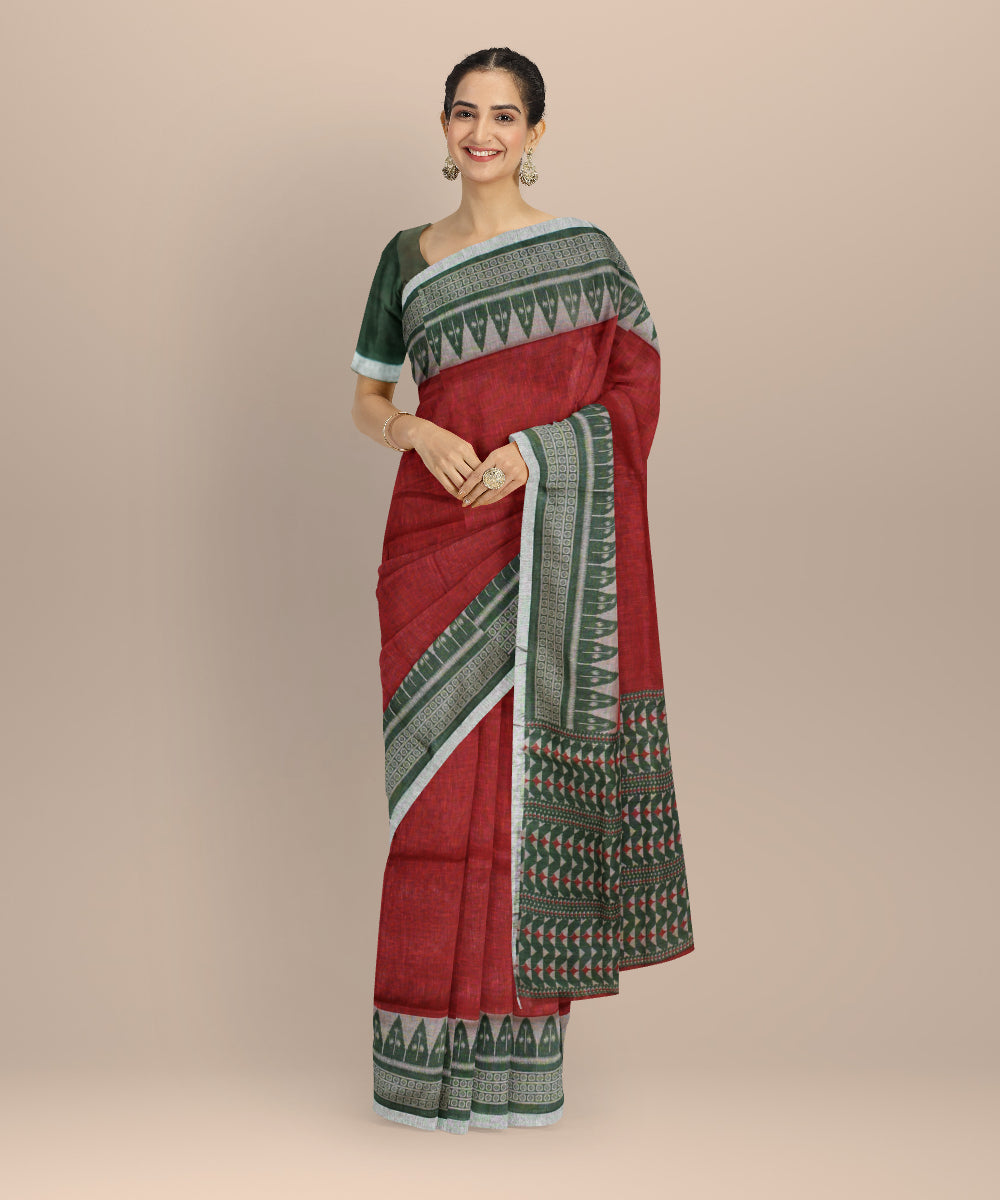 Red multicolor linen hand printed  saree