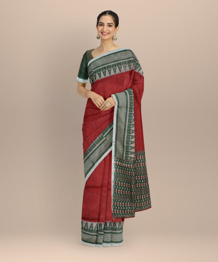 Red multicolor linen hand printed  saree