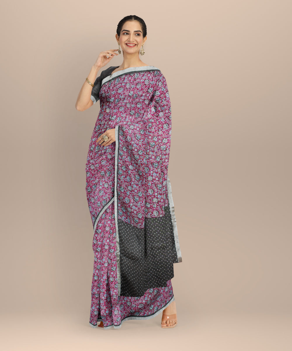 Pink multicolor linen hand printed  saree
