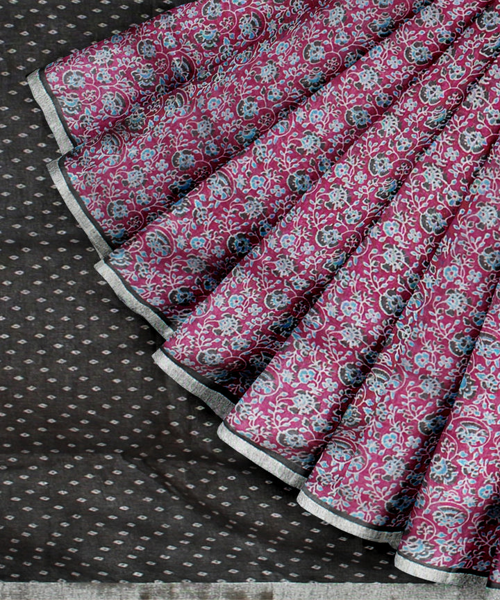 Pink multicolor linen hand printed  saree