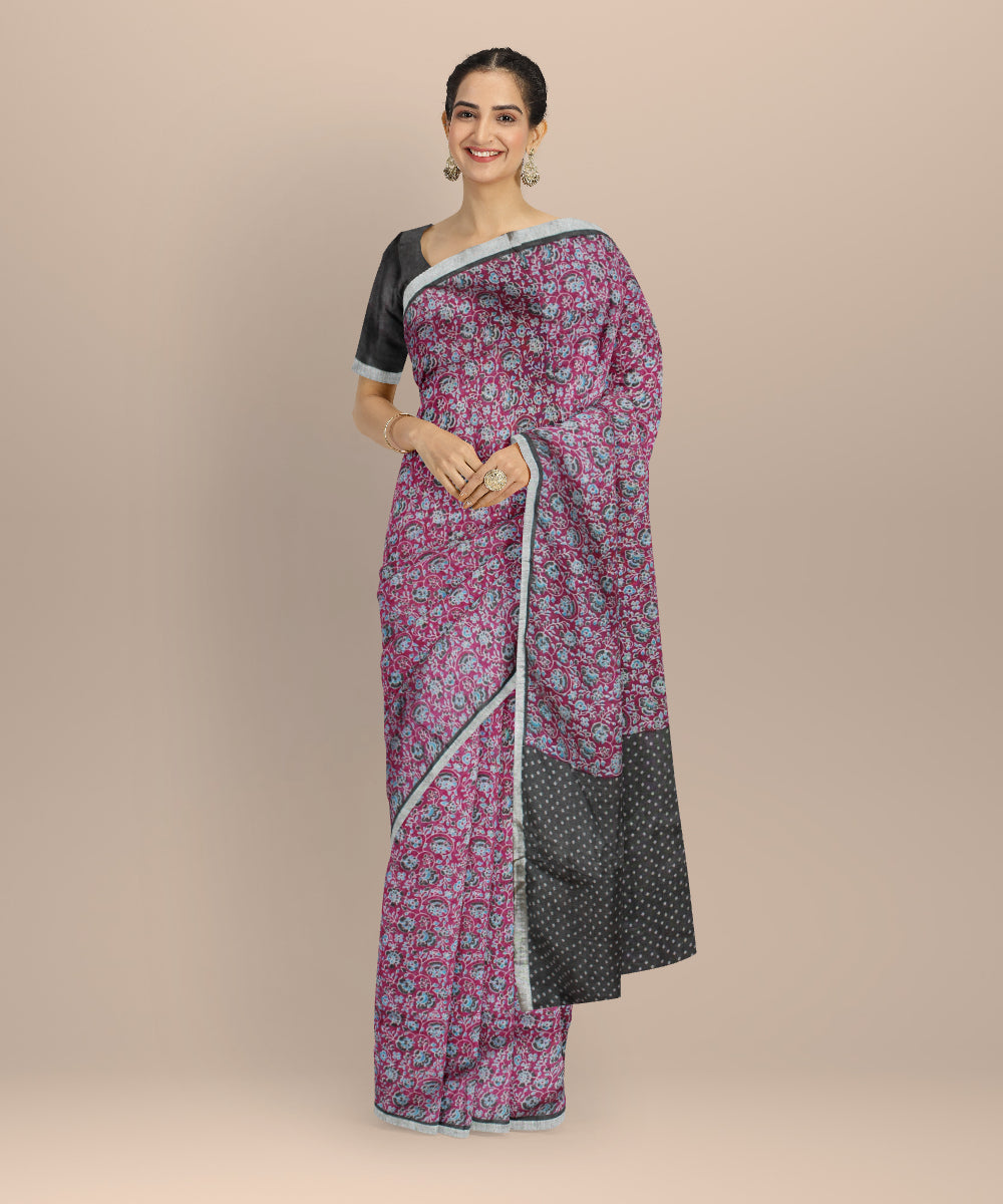 Pink multicolor linen hand printed  saree