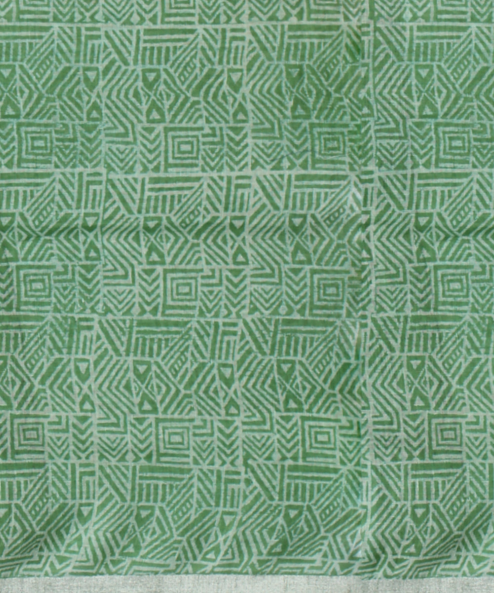 Light green white linen hand printed saree