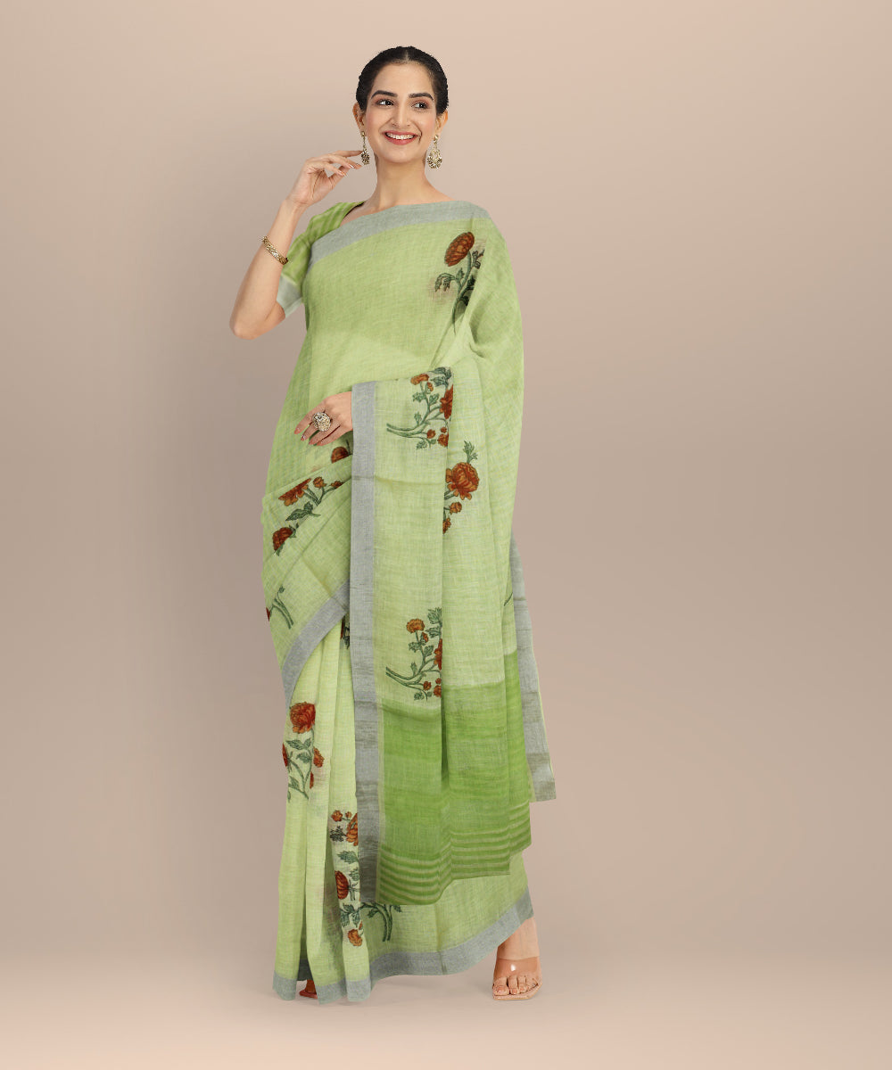 Lime green multicolor linen hand printed  saree