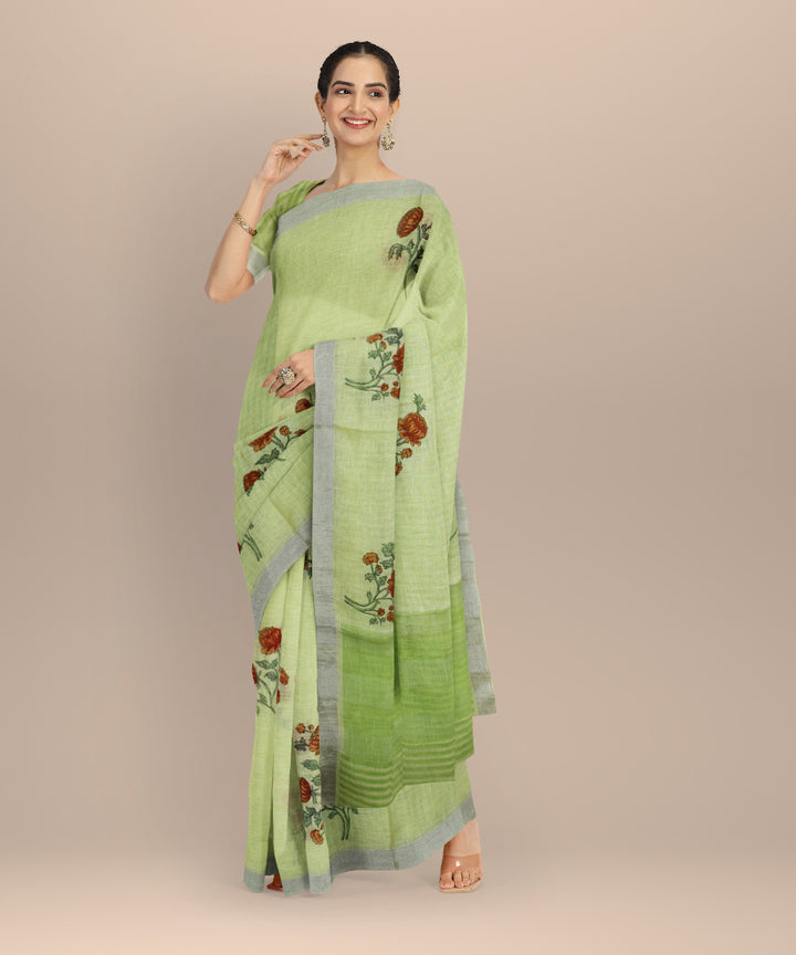 Lime green multicolor linen hand printed  saree