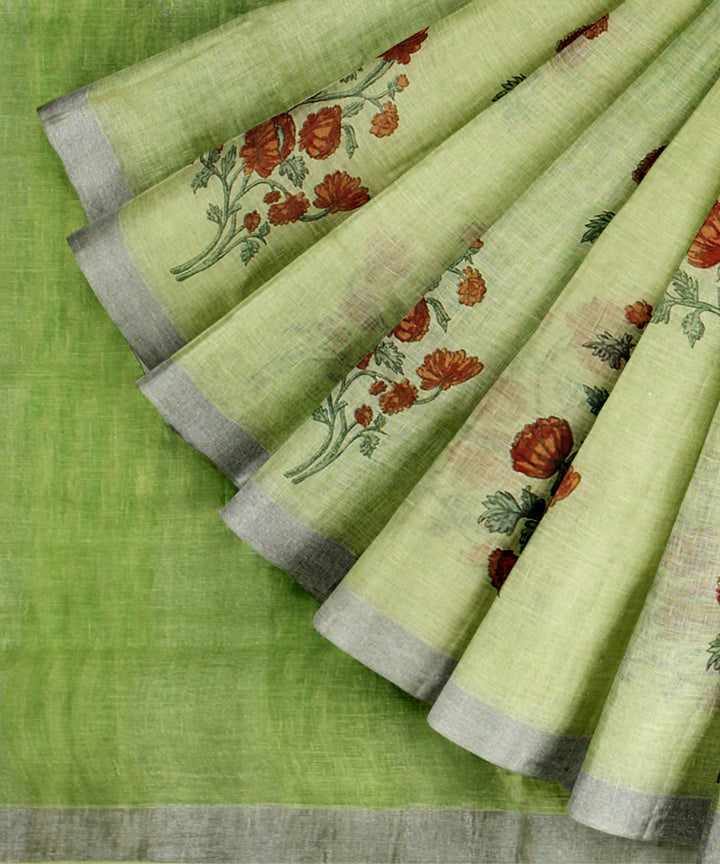 Lime green multicolor linen hand printed  saree