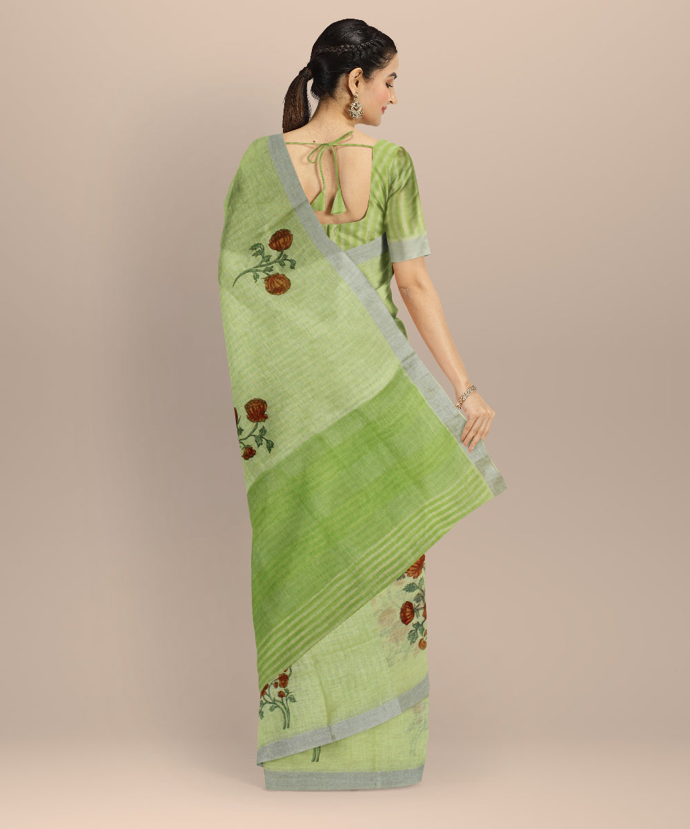 Lime green multicolor linen hand printed  saree