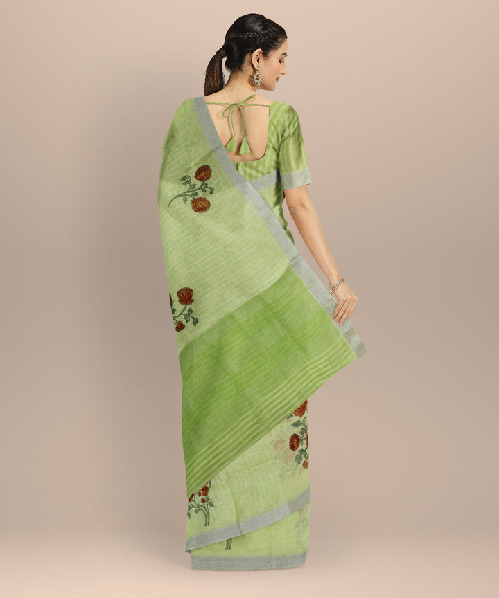 Lime green multicolor linen hand printed  saree